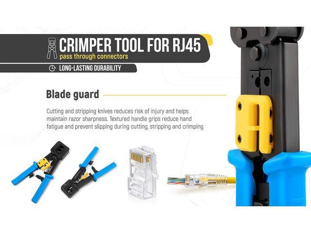 Everest Media Solutions RJ45 Crimp Tool Kit, with 50 Cat6 Pass Through Connectors and 50 Strain Relief Boots + Extra Blades - EZ Cut, Strip, Crimp...