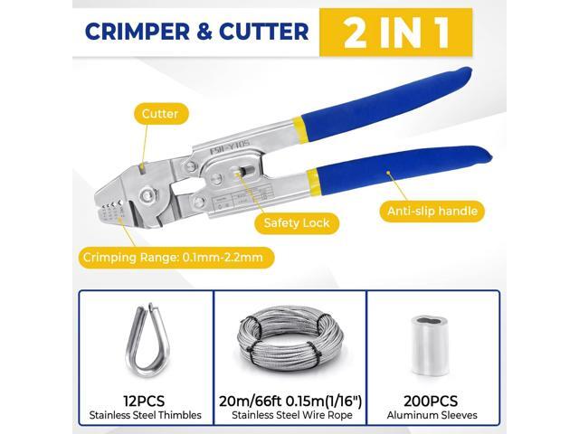 XOOL Wire Rope Crimping Tool with Built-in Cutter, Hand Swaging Tool with 66FT/20M 1/16'' Wire, 200PCS Aluminum Double Barrel Ferrule Crimping Loop...