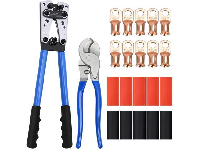 Cable Lug Crimping Tool Set, with 10pcs 1/0 AWG-3/8 Battery Lugs and 10pcs 3:1 Heat Shrink Tubing