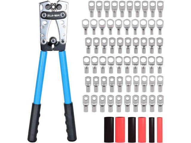 Professional Battery Cable Crimping Tool Set - 8-1/0 AWG Lug Crimper with 60 Tinned Heavy Duty Copper Terminals and 60 Heat Shrink Tubing