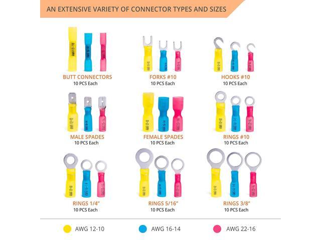 Wirefy Heat Shrink Wire Connectors Kit - Marine Grade Electrical Connectors - Automotive Butt Connectors - Insulated Ring, Spade, Fork, Hook Crimp...