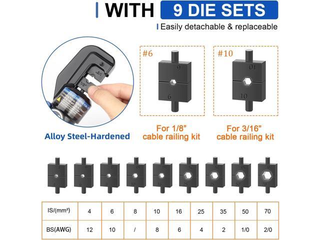 Funnerlulu Hydraulic Crimping Tool with 9 Hardened Dies, steel cable crimping tool for 1/8' 3/16' Cable Railing Hardware, Hydraulic Crimper Range...