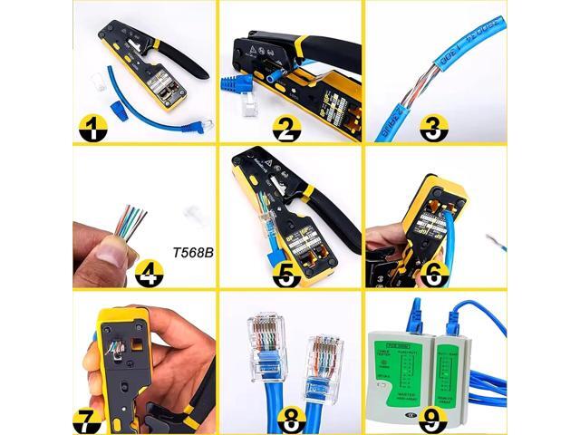 Pass Through RJ45 Crimp Tool Kit All-in-One Ethernet Crimper Network tool kit for RJ45 RJ11-12 Cat5 Cat6 Cat7,Crimping tool with Cable tester wire...