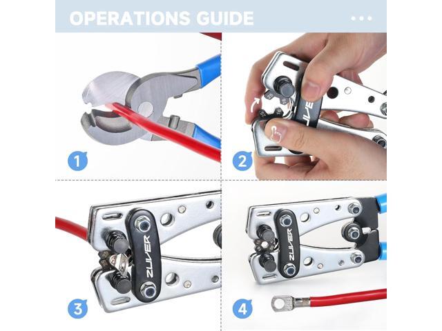 Professional Battery Cable Crimping Tool Set - 8-1/0 AWG Lug Crimper with 60 Tinned Heavy Duty Copper Terminals and 60 Heat Shrink Tubing