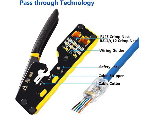 RJ45 Pass Through Crimp Tool Crimper RJ45 Crimping Tool Stripper Cutter All-in-One Cat5 Cat5e Cat6 Cat7 Cat8 Wire Cutter for RJ45 8P Connector...