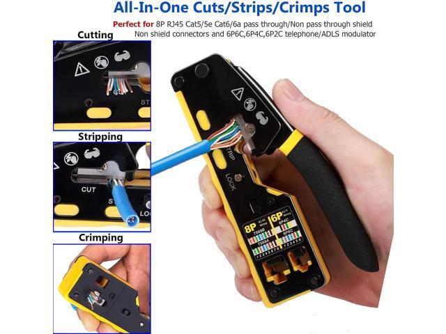 RJ45 Pass Through Crimp Tool Crimper RJ45 Crimping Tool Stripper Cutter All-in-One Cat5 Cat5e Cat6 Cat7 Cat8 Wire Cutter for RJ45 8P Connector...