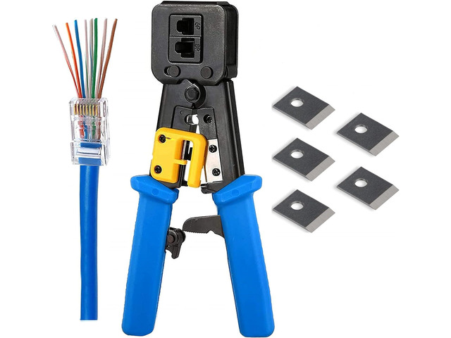 PETECHTOOL RJ45 Crimp Tool Ethernet Pass Thru Crimper with 5Pack 8Pin Replacement Blades for Pass Through Cat5 Cat5e Cat6 RJ45 RJ12 Regular and End...