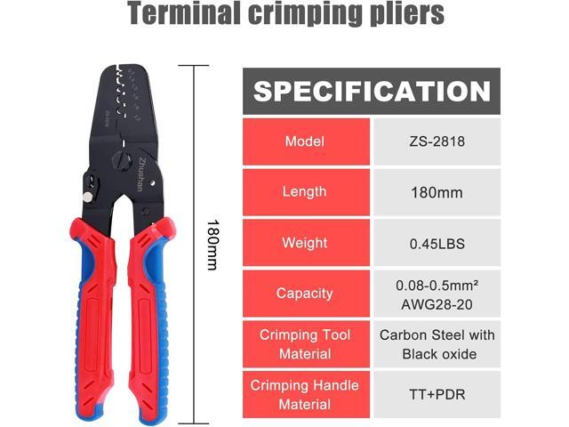 Zhushan ZS-2818 Open Barrel Terminal Crimper Tool, AWG 28-20 (0.08-0.5mm²), Ergonomic Handle, Compatible with Molex, JAM, Tyco, JST Terminals, for...