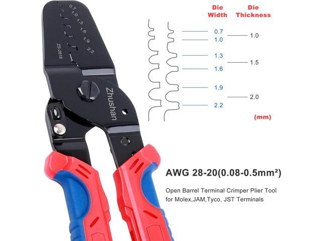 Zhushan ZS-2818 Open Barrel Terminal Crimper Tool, AWG 28-20 (0.08-0.5mm²), Ergonomic Handle, Compatible with Molex, JAM, Tyco, JST Terminals, for...