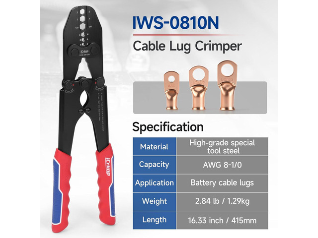 iCrimp Battery Cable Lug Crimping Tool for AWG 8-1/0 Copper Battery Lugs, Heavy-Duty Wire Ends