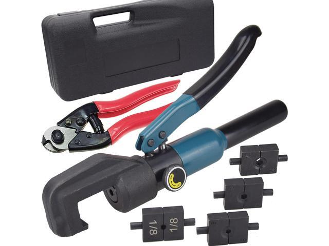 Custom Hydraulic Crimper Tool for 1/8 Stainless Steel Cable Railing Kit Hardware System Fittings, with Cable Cutter