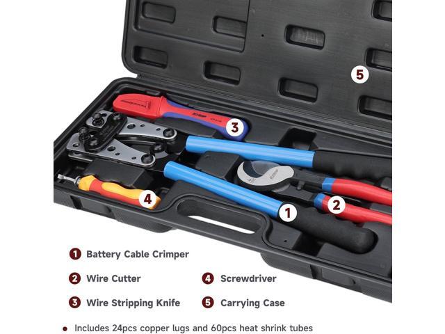 iCrimp Battery Cable Lug Crimping Tool Kit For Copper Lugs Awg 8-1/0,Battery Cable Crimper with Stripper 24pcs Copper Battery Lugs and 10pcs Heat...
