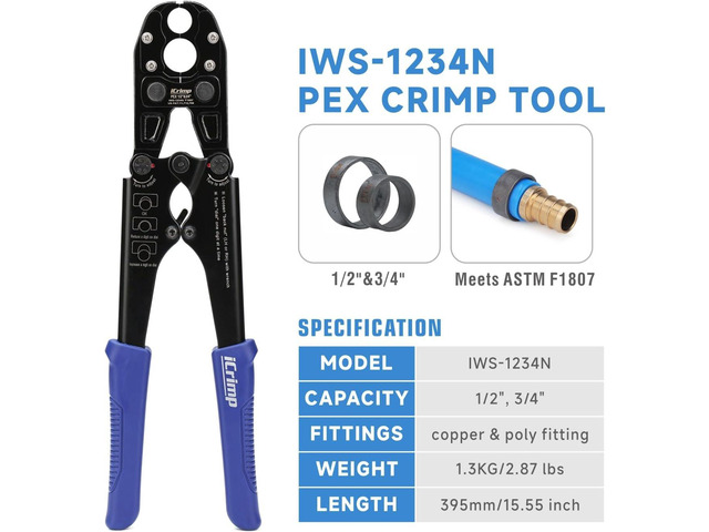 iCrimp IWS-1234N PEX Crimping Tool for 1/2 & 3/4 Copper Crimp Rings, Combo PEX Crimper with Interchangeable Die Set for Tight Space, Patented