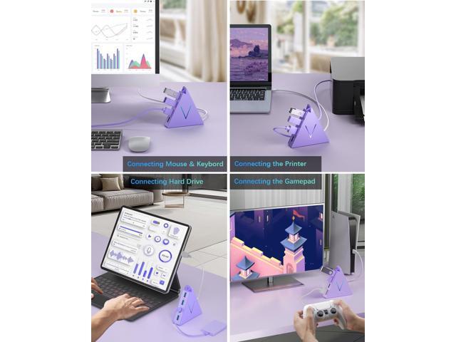 4-Port USB 3.0 Hub Tower with 2ft Cable - USB Splitter for Laptop,PC,PS4,PS5,Xbox,Mouse,Keyboard,Hard Drives,Mobile HDD(Light Purple)