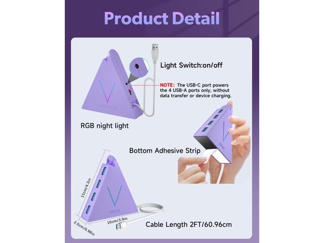 4-Port USB 3.0 Hub Tower with 2ft Cable - USB Splitter for Laptop,PC,PS4,PS5,Xbox,Mouse,Keyboard,Hard Drives,Mobile HDD(Light Purple)