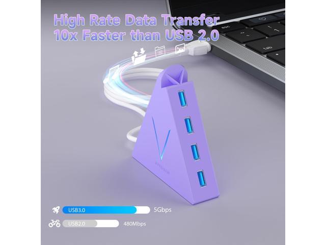 4-Port USB 3.0 Hub Tower with 2ft Cable - USB Splitter for Laptop,PC,PS4,PS5,Xbox,Mouse,Keyboard,Hard Drives,Mobile HDD(Light Purple)