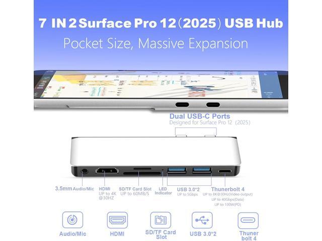 Surface Pro 12 Accessories Docking Station, USB Hub and Adapter with 4K HDMI, USB-C Thunderbolt 4 (Display+Data+100W PD), 2 USB 3.0, 3.5mm Audio,...