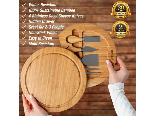 Bamboo Cheese Board and Knife Set - 10-inch Round Charcuterie Board, Serving Tray, Platter - Wood Cheese Board Set - Gift Idea - BlauKe