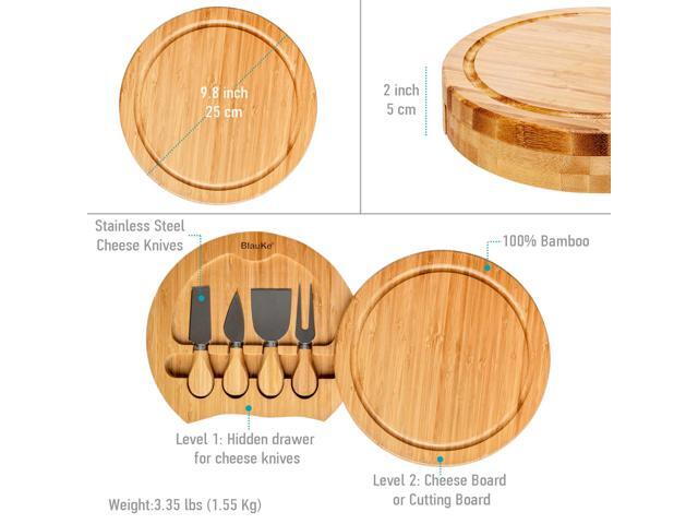 Bamboo Cheese Board and Knife Set - 10-inch Round Charcuterie Board, Serving Tray, Platter - Wood Cheese Board Set - Gift Idea - BlauKe