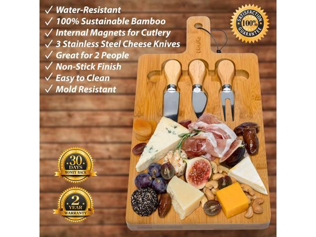 Bamboo Cheese Board and Knife Set 12x8 inch - Wood Cheese Cutting Board, Serving Tray Platter, Charcuterie Board Set, Magnetic Cheese Knives - BlauKe