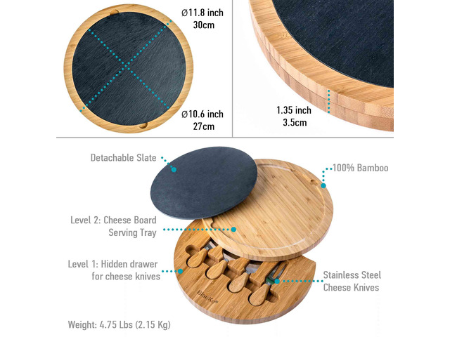 Bamboo Cheese Board with Knife Set and Slate - 12 inch Round Charcuterie Board, Serving Tray, Platter, Wood Cheese Board Set - Gift Idea - BlauKe