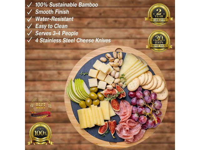 Bamboo Cheese Board with Knife Set and Slate - 12 inch Round Charcuterie Board, Serving Tray, Platter, Wood Cheese Board Set - Gift Idea - BlauKe