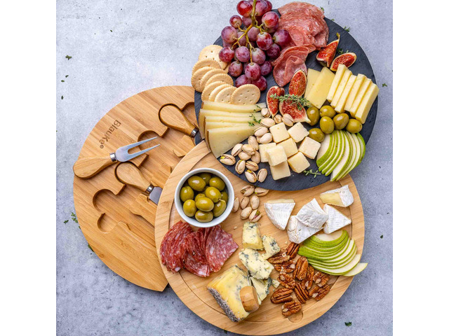Bamboo Cheese Board with Knife Set and Slate - 12 inch Round Charcuterie Board, Serving Tray, Platter, Wood Cheese Board Set - Gift Idea - BlauKe