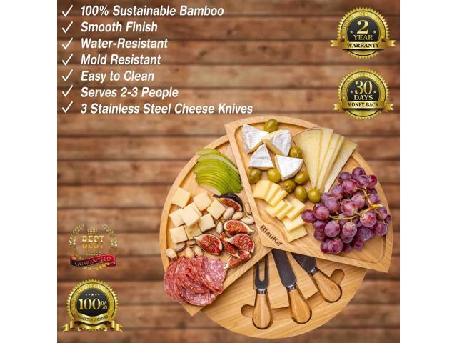 Bamboo Cheese Board and Knife Set - 14-inch Round Charcuterie Board, Serving Tray, Platter - Wood Cheese Board Set with Slide-Out Drawer - BlauKe