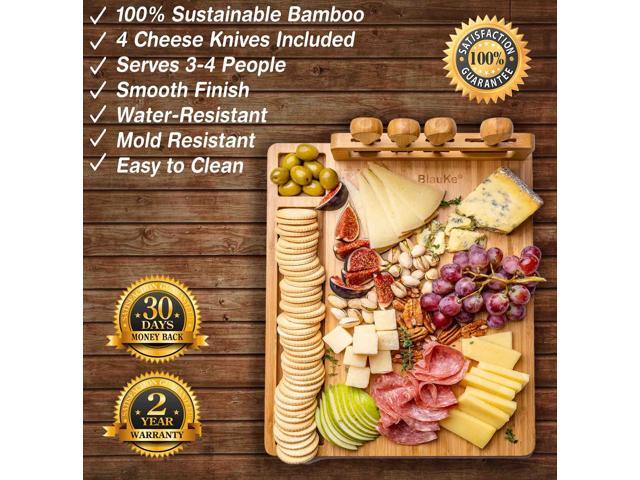 Bamboo Cheese Board and Knife Set 14x11 inch - Wood Cheese Cutting Board, Serving Tray Platter, Charcuterie Board Set with 4 Cheese Knives - BlauKe