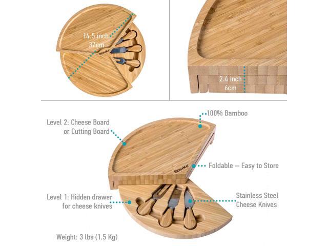 Bamboo Cheese Board and Knife Set - 14-inch Round Charcuterie Board, Serving Tray, Platter - Wood Cheese Board Set with Slide-Out Drawer - BlauKe