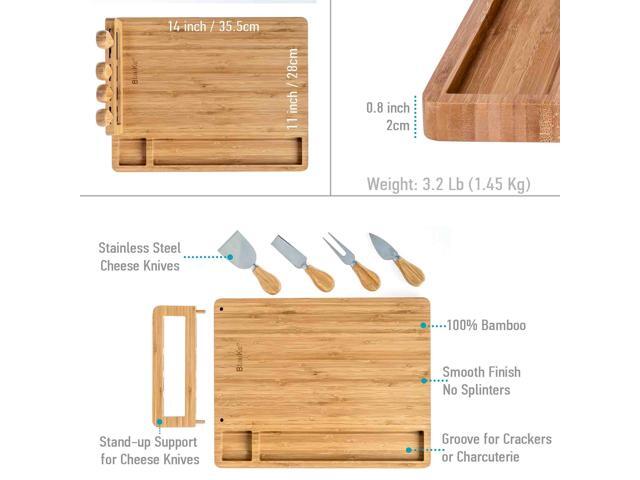 Bamboo Cheese Board and Knife Set 14x11 inch - Wood Cheese Cutting Board, Serving Tray Platter, Charcuterie Board Set with 4 Cheese Knives - BlauKe