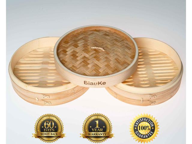 Bamboo Steamer Basket 10-inch with Chopsticks, Tongs, 50 Paper Liners - 2-Tier Food Steamer for Cooking Dumplings, Vegetables, Meat, Fish, Rice -...
