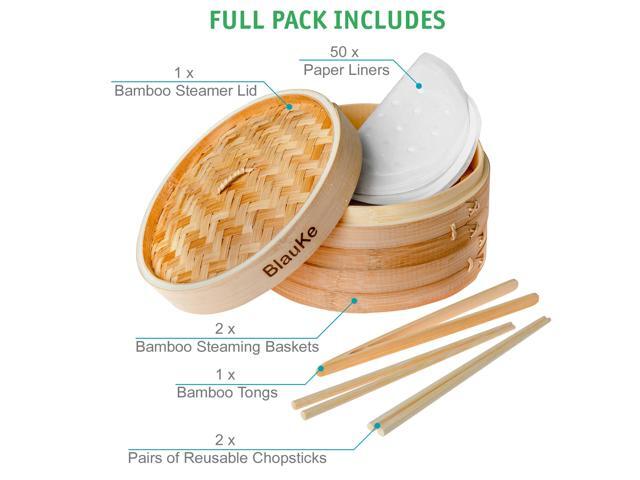 Bamboo Steamer Basket 10-inch with Chopsticks, Tongs, 50 Paper Liners - 2-Tier Food Steamer for Cooking Dumplings, Vegetables, Meat, Fish, Rice -...