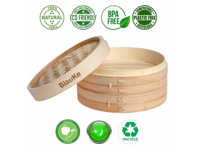 Bamboo Steamer Basket 10-inch with Chopsticks, Tongs, 50 Paper Liners - 2-Tier Food Steamer for Cooking Dumplings, Vegetables, Meat, Fish, Rice -...