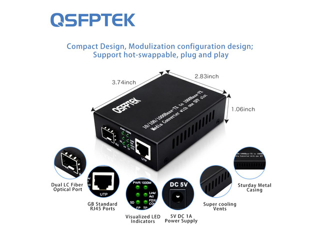 Media Converter, Gigabit Ethernet Single Mode Dual SC Fiber, Mini 1x 10/100/1000Base-T RJ45 to 1x 1000Base-LX SFP Slot Ethernet Media Converter, up...