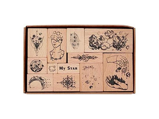 12Pcs Vintage Wooden Rubber Stamp Set Streamer Star Trail Series Decorative For Card Making photo