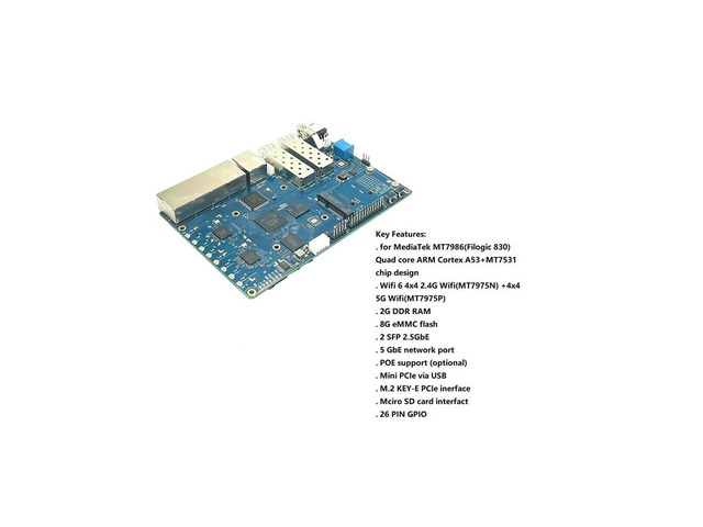 For PI BPI-R3 MT7986 2G+8G EMMC 2 SFP 2.5GbE 5GbE Router Development Board+Heat Sink+Antennas+Power Cable US Plug