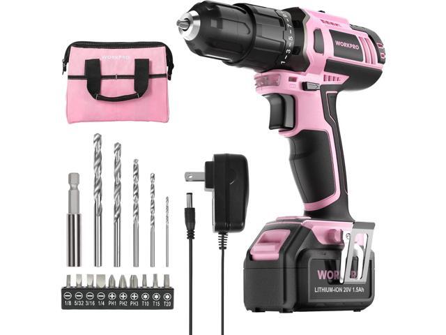 WORKPRO Pink Cordless 20V Lithium-ion Drill Driver Set, 1 Battery, Charger and Storage Bag Included - Pink Ribbon