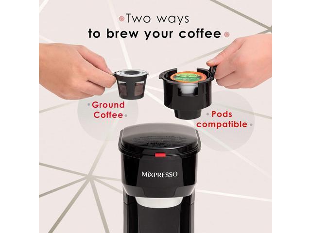 Mixpresso 2-in-1 Coffee Maker Single Serve & Ground Coffee Brewer, Compact Personal Coffee Machine for Pods & Loose Grounds, Quick Brew 14 oz...
