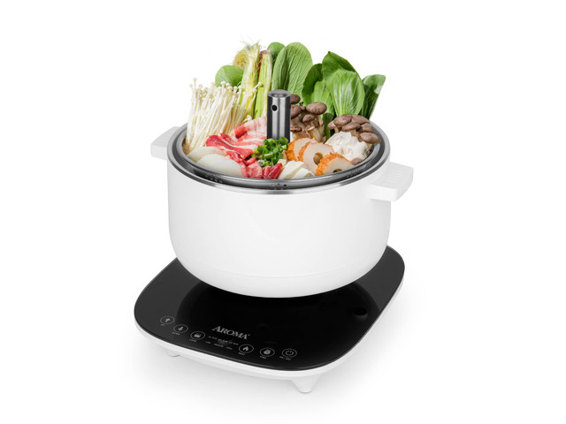 Aroma Housewares 2.5-Liter Smart Electric Hot Pot & Rapid Boil Steamer with Automatic Stainless Steel Steamer Basket Lift, White, ASP-700