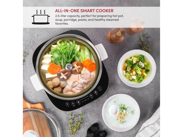 Aroma Housewares 2.5-Liter Smart Electric Hot Pot & Rapid Boil Steamer with Automatic Stainless Steel Steamer Basket Lift, White, ASP-700