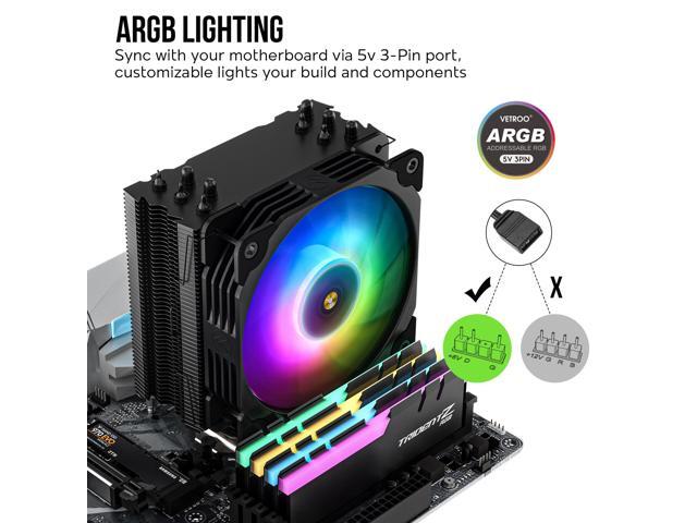 Vetroo V5 Black CPU Air Cooler w/ Addressable RGB Lights Sync 5 Heat Pipes 120mm FDB PWM Processor 200W TDP Cooler for Intel LGA...