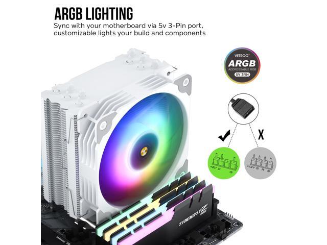 Vetroo V5 White CPU Air Cooler w/ w/Addressable RGB Lights Sync 5 Heat Pipes 120mm FDB PWM Processor 200W TDP Cooler for Intel LGA...