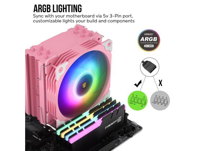 Vetroo V5 Pink CPU Air Cooler w/ w/Addressable RGB Lights Sync 5 Heat Pipes 120mm FDB PWM Processor 200W TDP Cooler for Intel LGA...