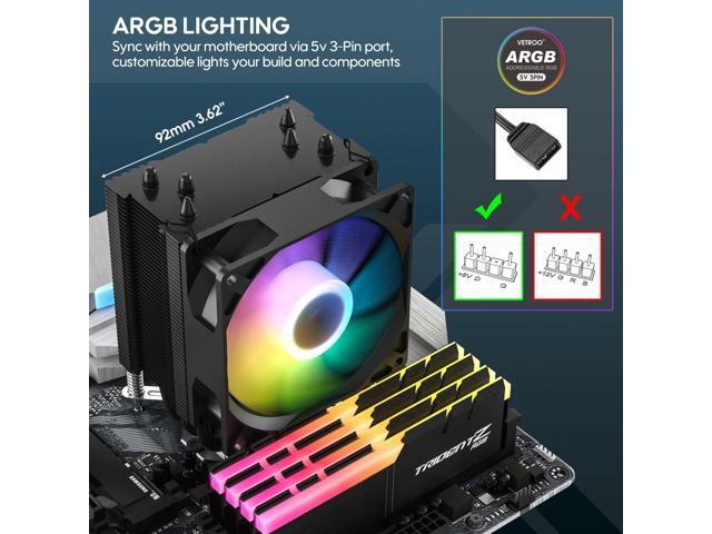 Vetroo V3 CPU Air Cooler w/ ARGB Lighting and PWM Smart Control - Compact Design with Height of 133mm & 92mm Fan, Direct Heat Pipes, Aluminium...