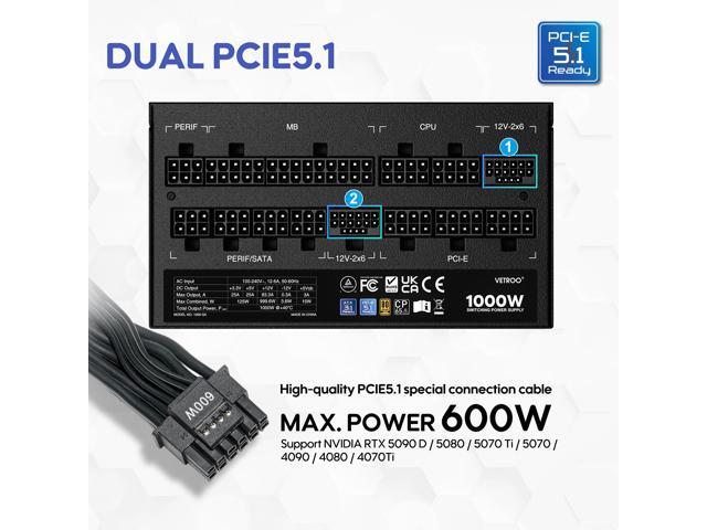 Vetroo 1000W Black Power Supply ATX 3.1 Ready Dual PCIe 5.1, 80 Plus Gold Full Modular, Compact Size, Eco Mode with 120mm FDB Fan, 10 Year...