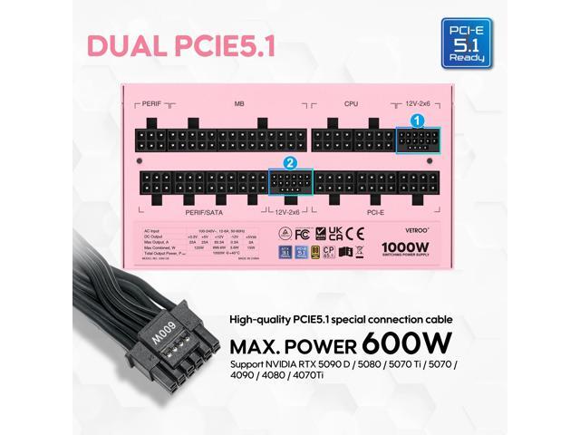 Vetroo 1000W Pink Power Supply ATX 3.1 Ready Dual PCIe 5.1, 80 Plus Gold Full Modular, Eco Mode with 120mm FDB Fan, Compact Size, 10 Year...