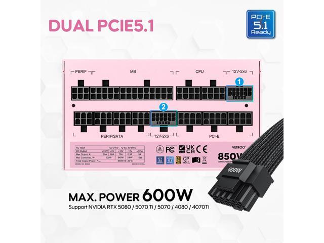 Vetroo 850W Power Supply Dual PCIe 5.1 ATX 3.1 Ready, 80 Plus Gold Full Modular, Quiet Operation with 120mm FDB Fan, 10-Year Warranty - Pink