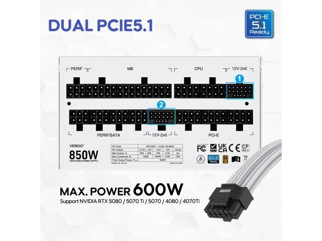 Vetroo 850W Power Supply Dual PCIe 5.1 ATX 3.1 Ready, 80 Plus Gold Full Modular, Quiet Operation with 120mm FDB Fan, 10-Year Warranty - White