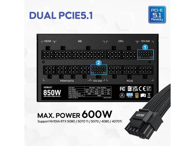 Vetroo 850W Power Supply Dual PCIe 5.1 ATX 3.1 Ready, 80 Plus Gold Full Modular, Quiet Operation with 120mm FDB Fan, 10-Year Warranty - Black